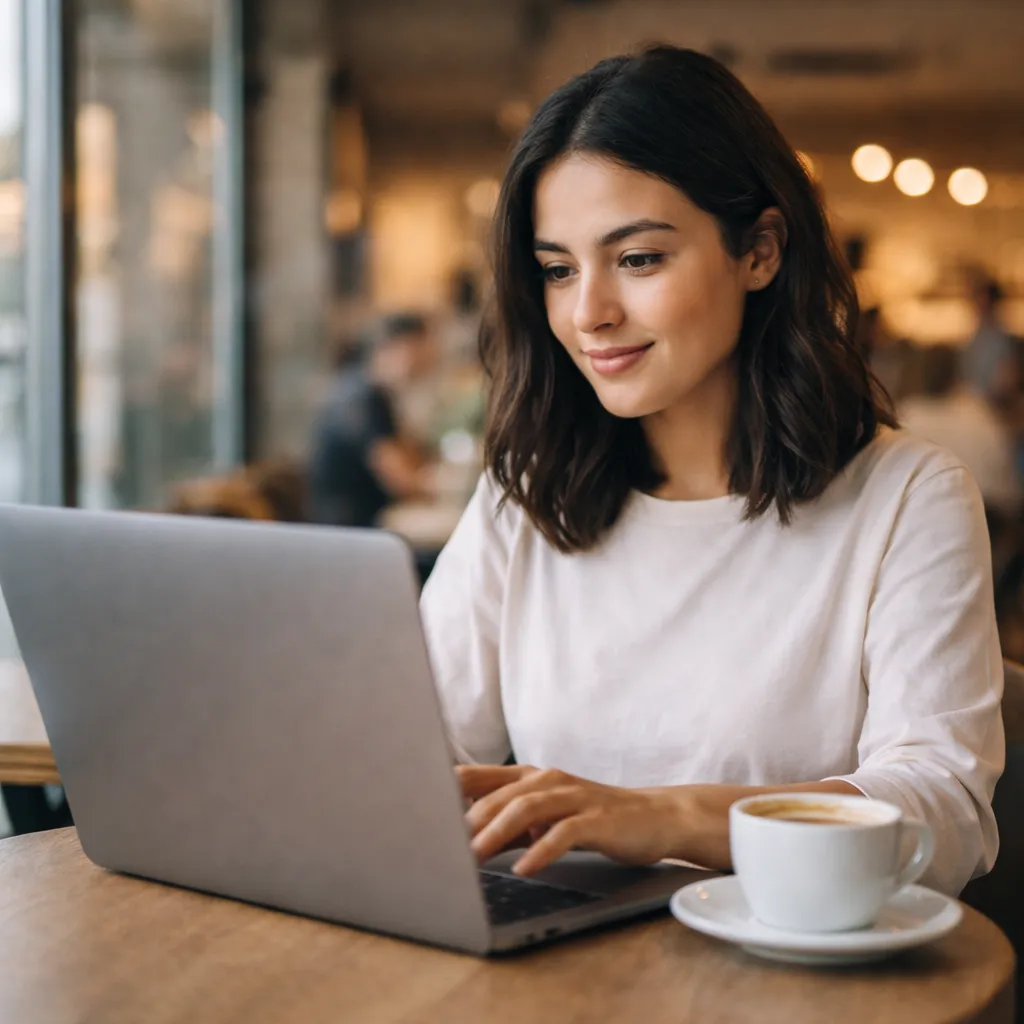 Mulher morena utilizando notebook em um café representando a criação de aplicativo de maneira simples e rápida